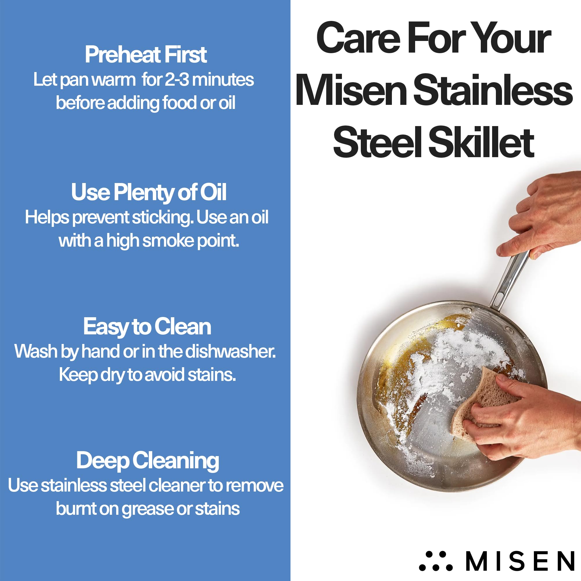 Misen cookware maintains smooth surface for easy cleaning after meals.
