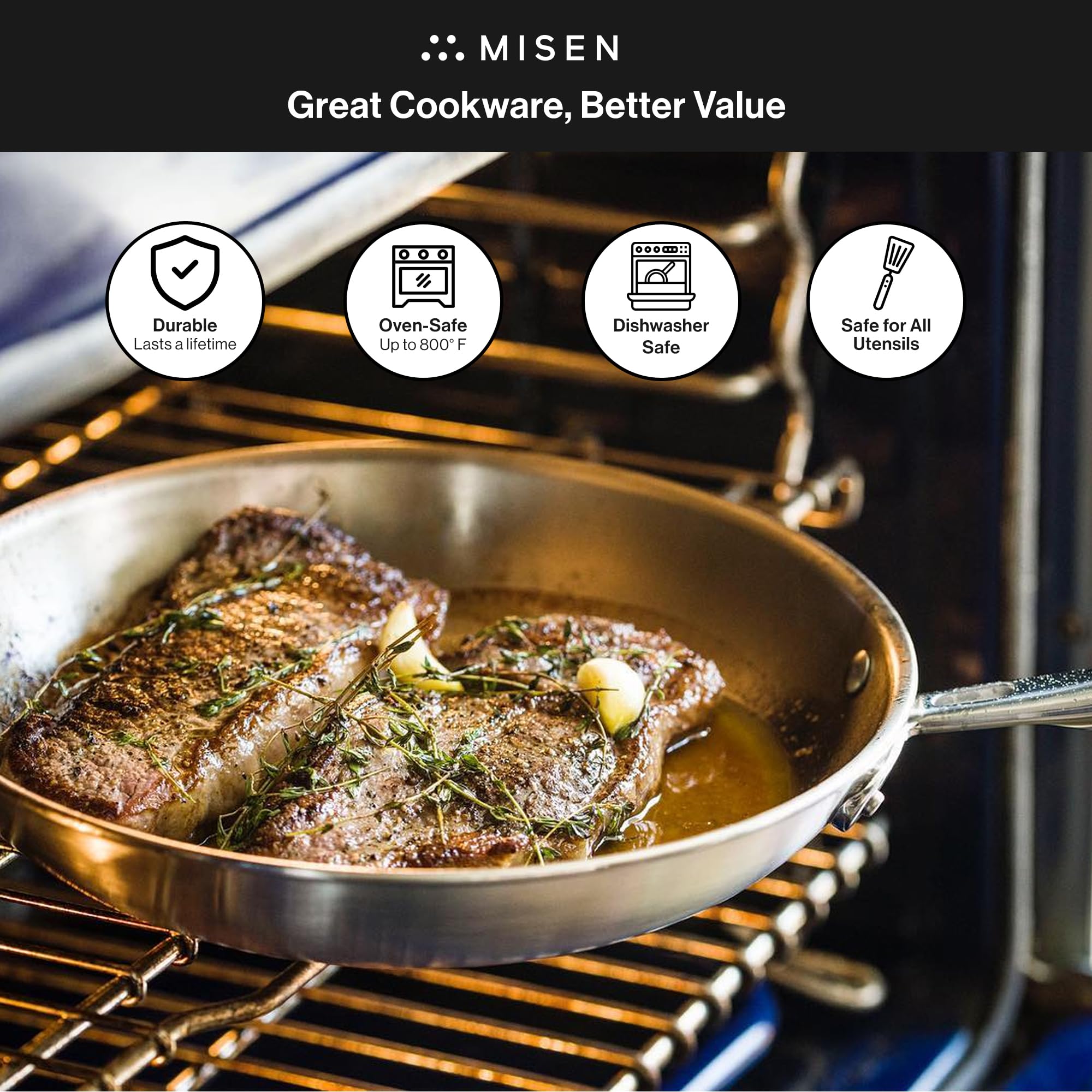 Misen 8-inch pan delivering browning and even searing results.