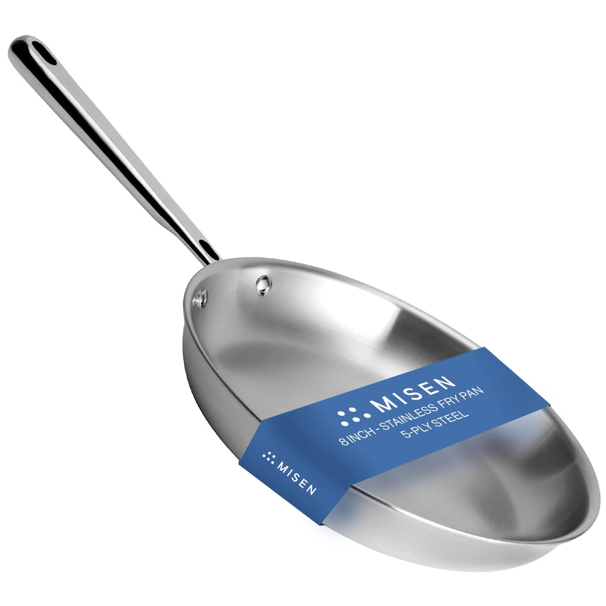 Misen 5-Ply 8-inch pan side view showing durable build for even heating.