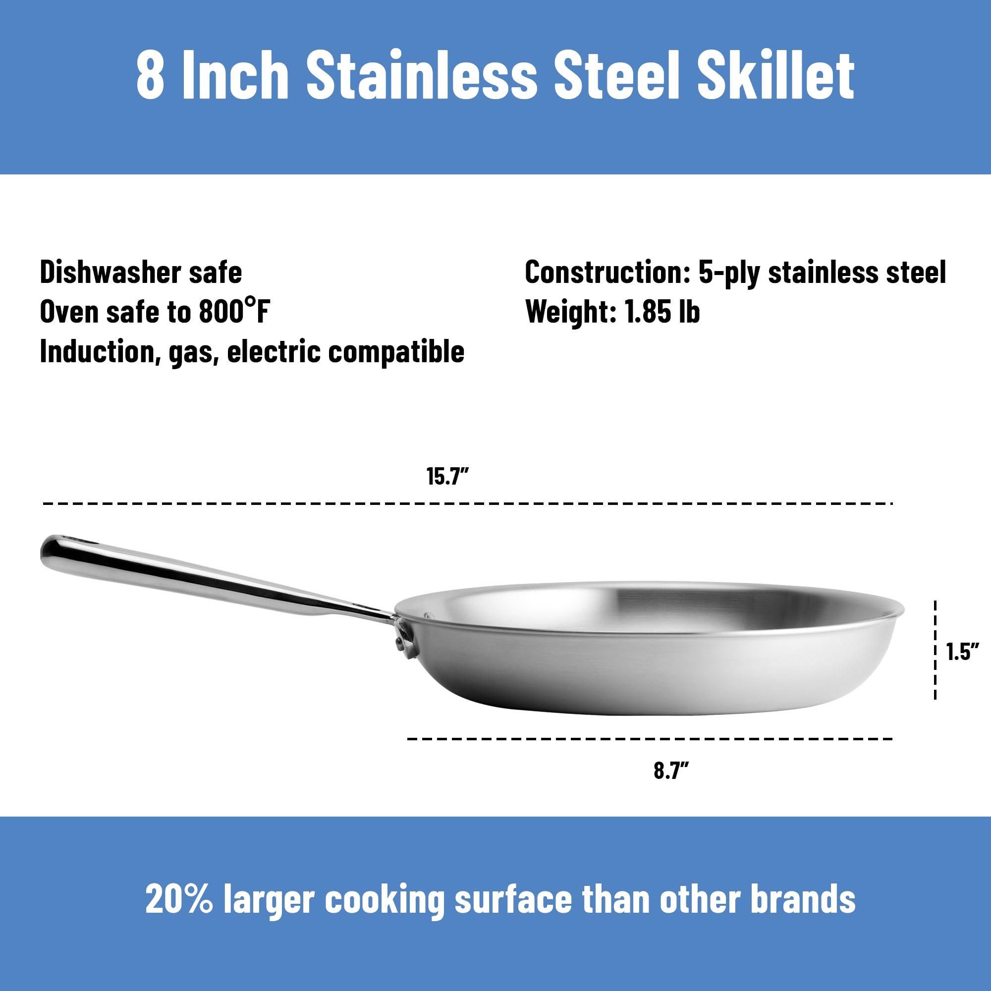 Misen 8-inch pan with stay-cool handle for safe high-heat cooking.