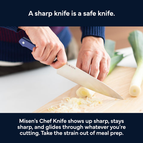 Misen all-purpose kitchen knife adapts from herbs to roasts for versatile daily prep.