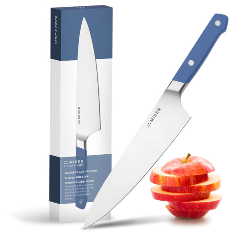 Misen 8-inch chef knife edge in AUS-10 steel delivers long-lasting sharpness for heavy chopping.