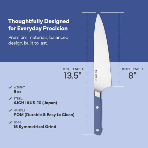 Misen knife balanced blade-handle design provides effortless control during mincing and slicing.