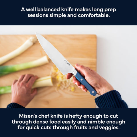 Misen 8-inch chef knife ideal for professional kitchens and home cooks alike.
