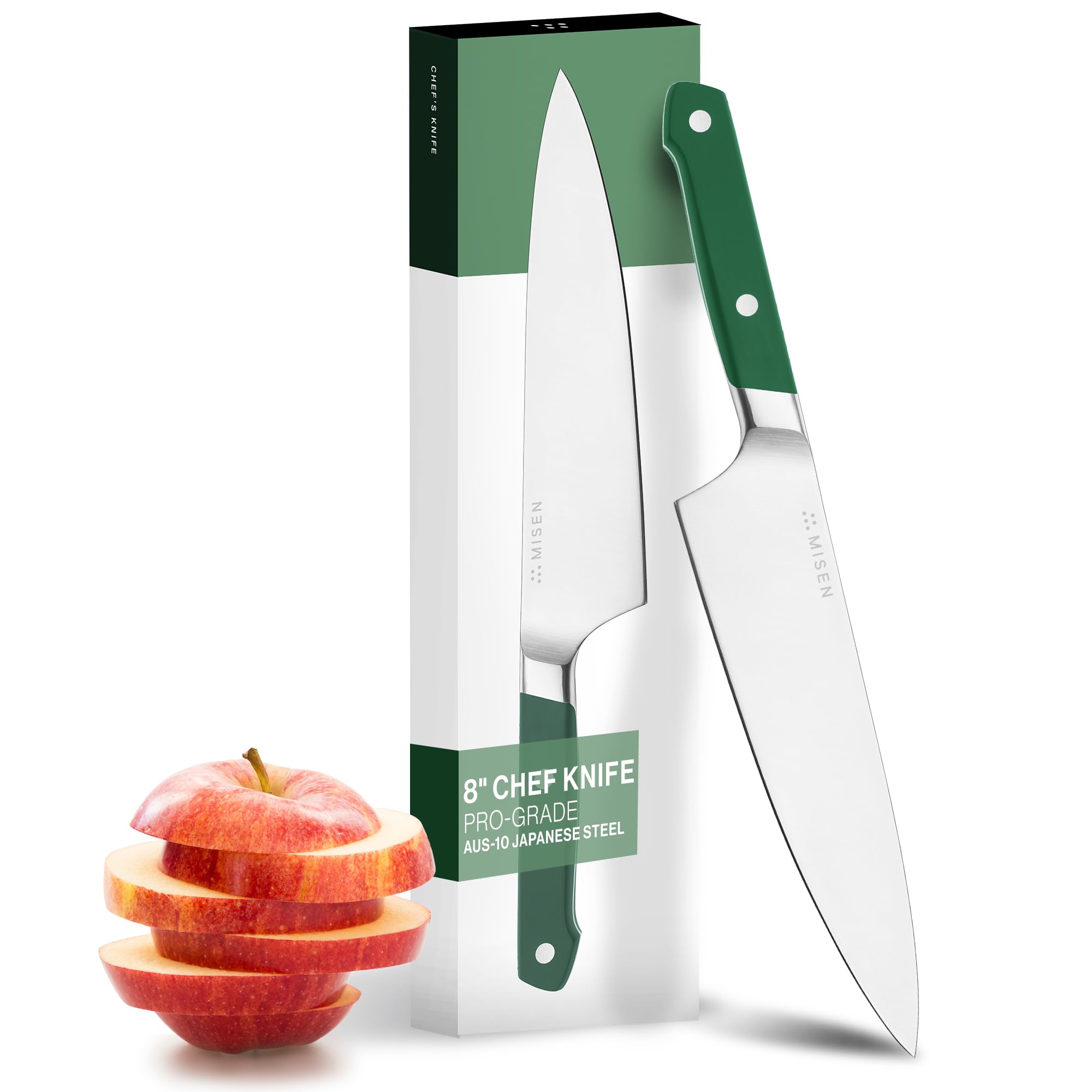 Misen 8-Inch Chef Knife with AUS-10 blade for precise, razor-like cutting.