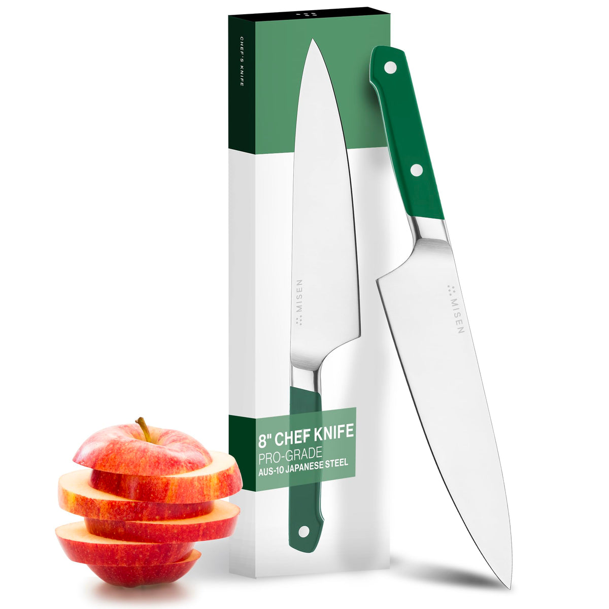 Misen 8-Inch Chef Knife with AUS-10 blade for precise, razor-like cutting.