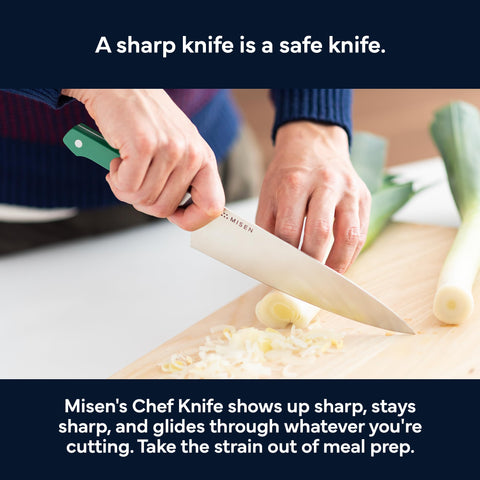 Misen balance-optimized blade enables smooth, controlled slicing and mincing.