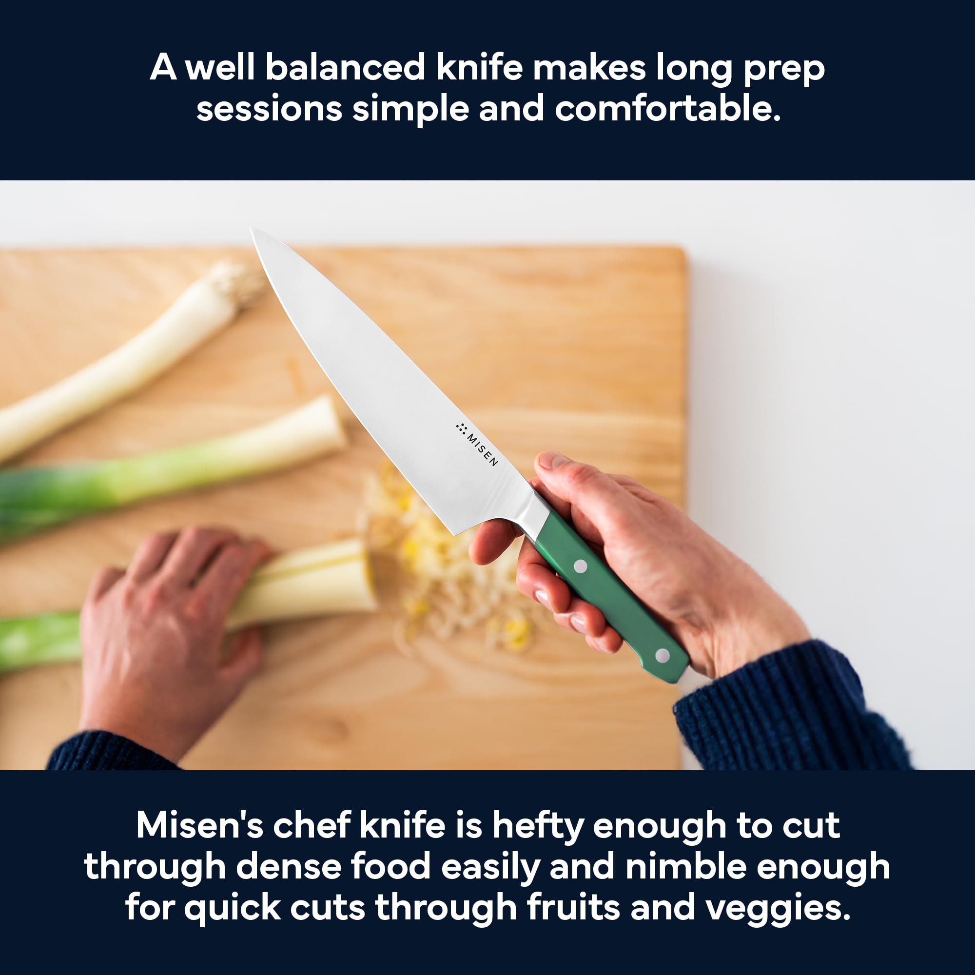 Misen knife carving a roast with clean, confident strokes.