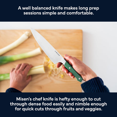 Misen knife carving a roast with clean, confident strokes.
