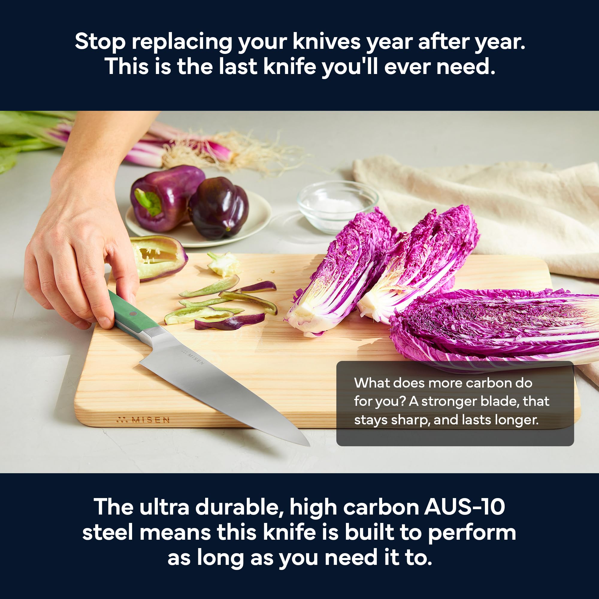 Misen knife slicing onions evenly with steady, quick cuts.