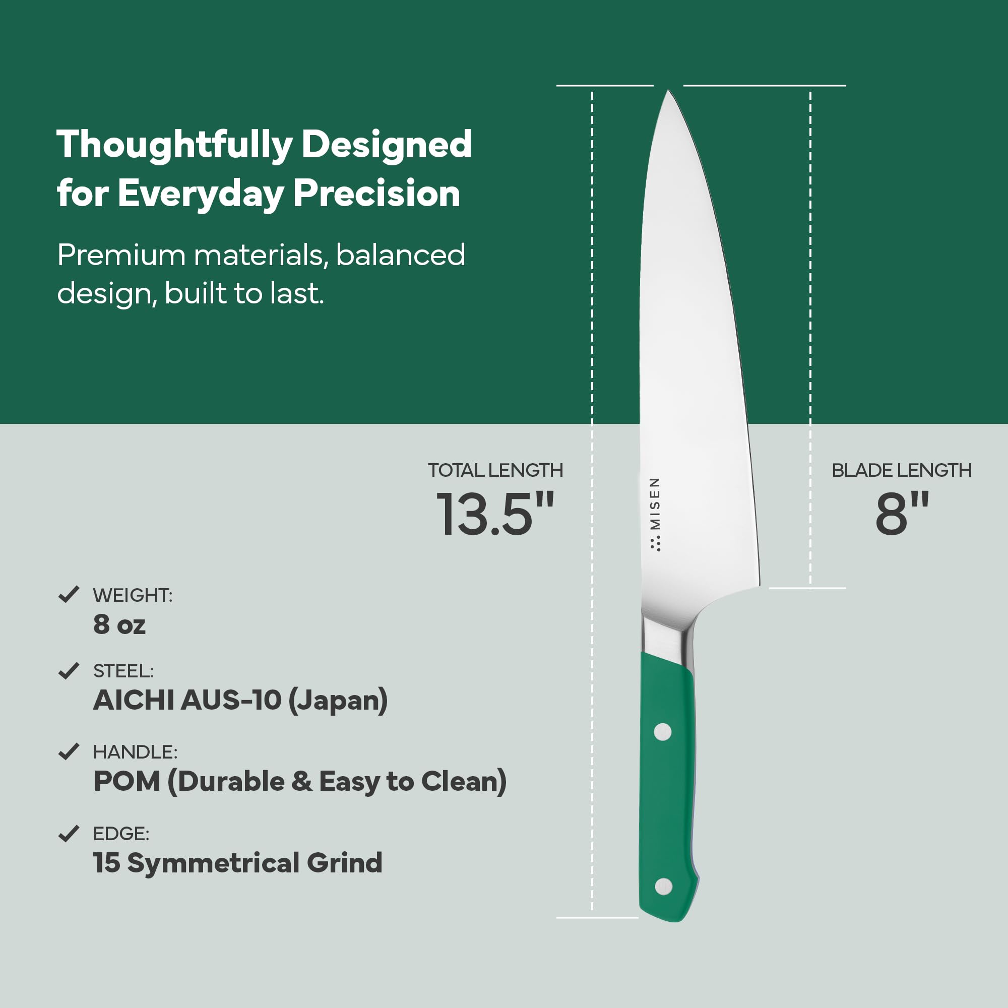 Misen knife with ergonomic handle for comfortable, secure grip during prep.