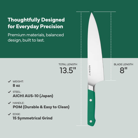 Misen knife with ergonomic handle for comfortable, secure grip during prep.