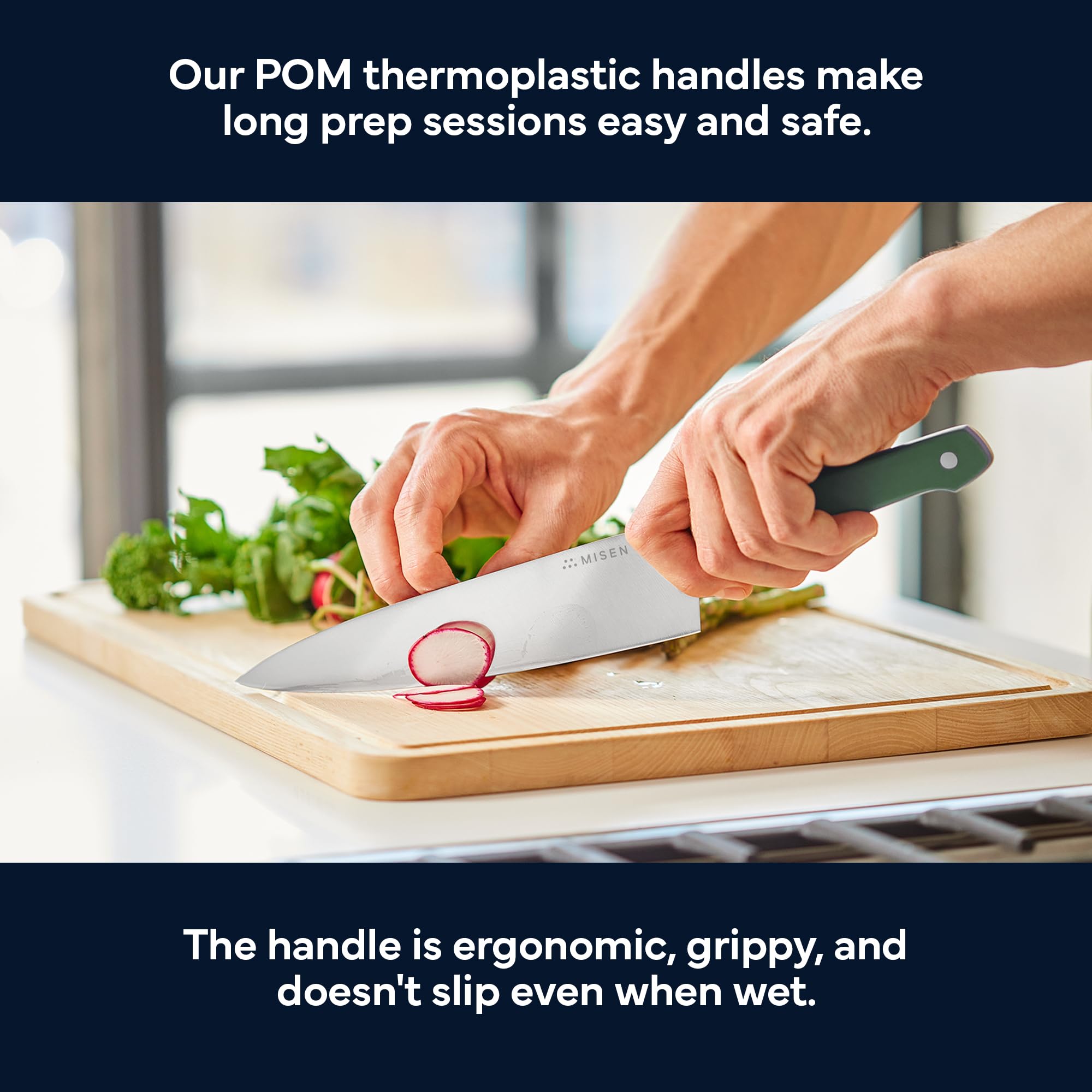 Misen knife mincing herbs with precision and effortless motion.