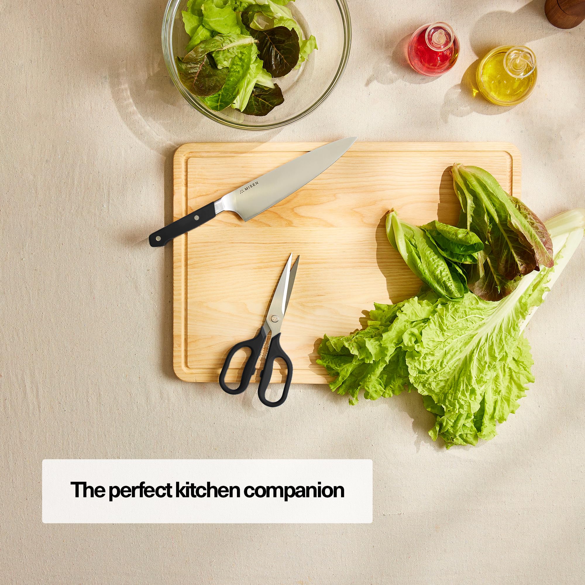 Misen heavy-duty kitchen shears blade close-up showing micro-serrated edge.