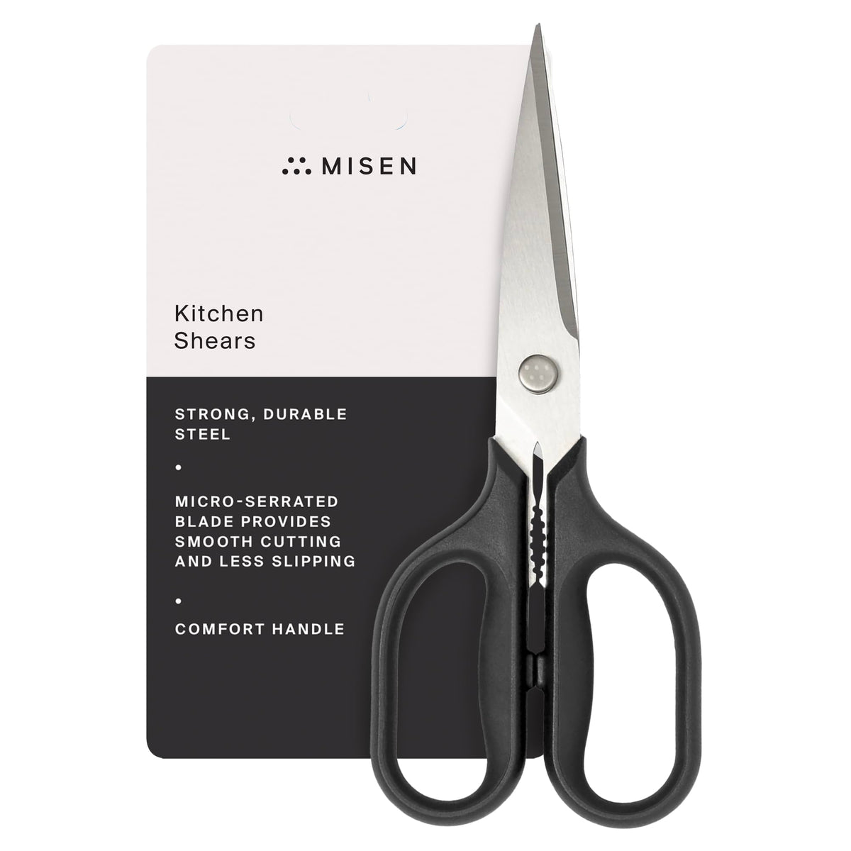 Misen heavy-duty kitchen shears with stainless steel body for versatile cutting.
