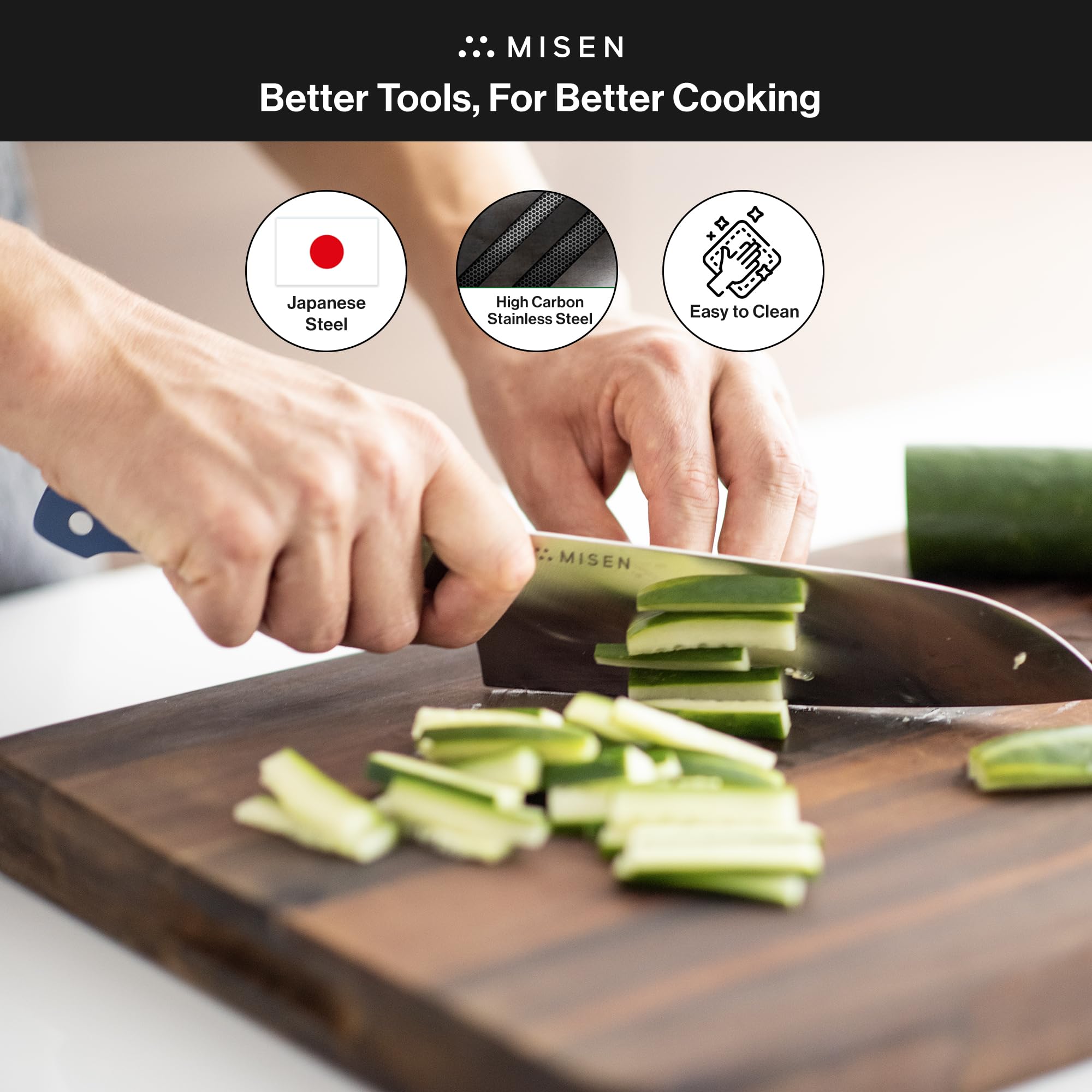 Misen Japanese knife classic design with black handle conveys timeless quality.