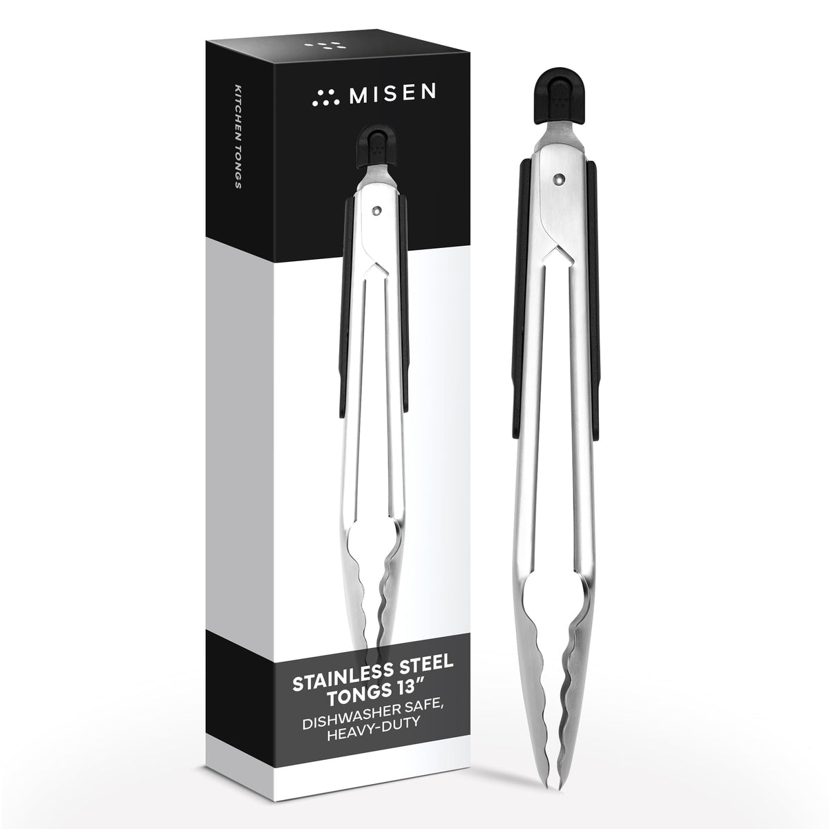 Misen 13-inch locking tongs for secure storage and precise flipping on the grill.