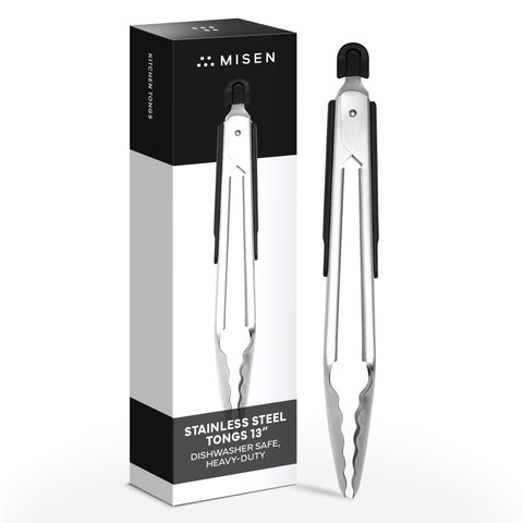 Misen 13-inch locking tongs for secure storage and precise flipping on the grill.
