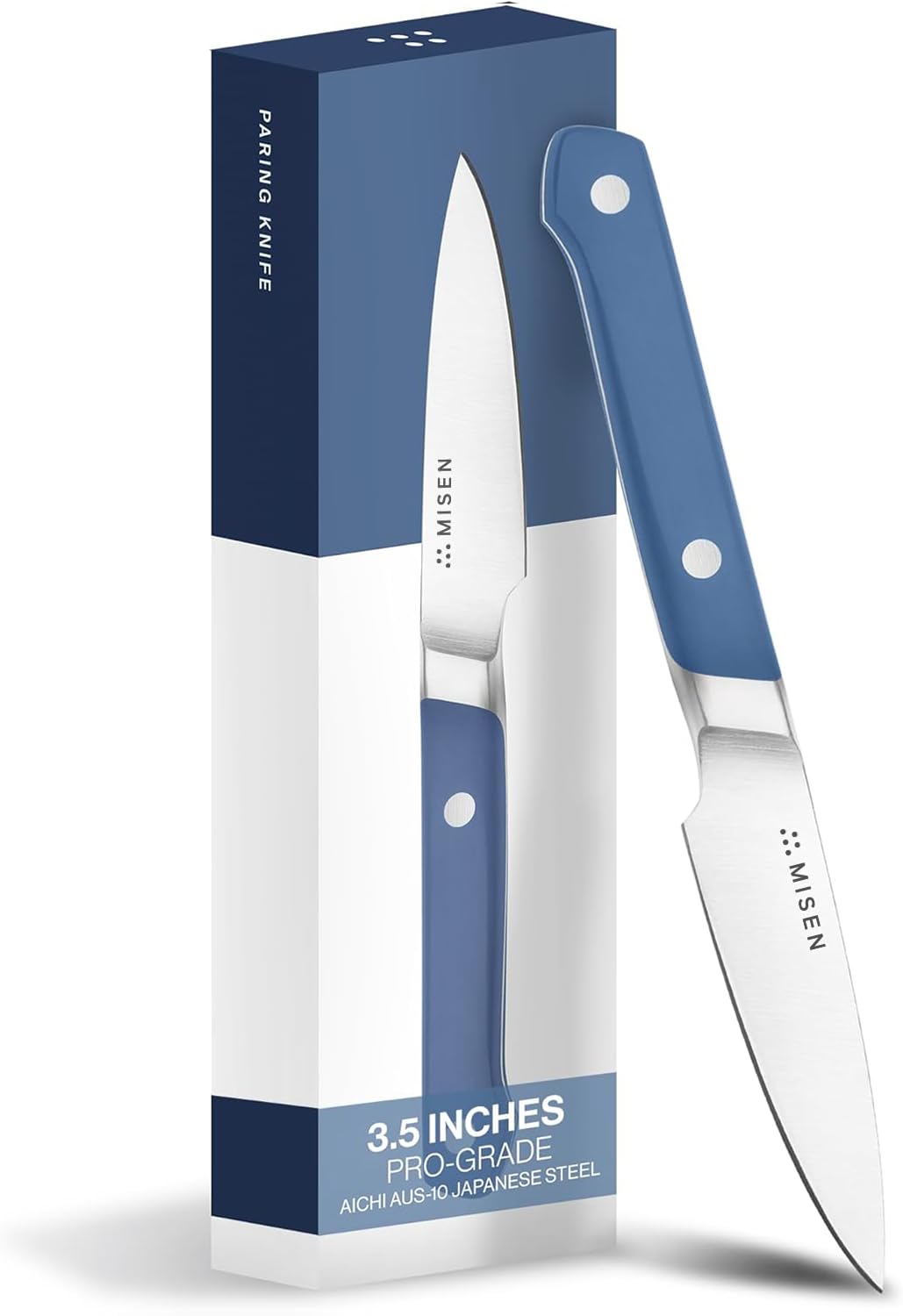 Misen paring knife blade close-up shows AUS-10 edge for precise peeling tasks.