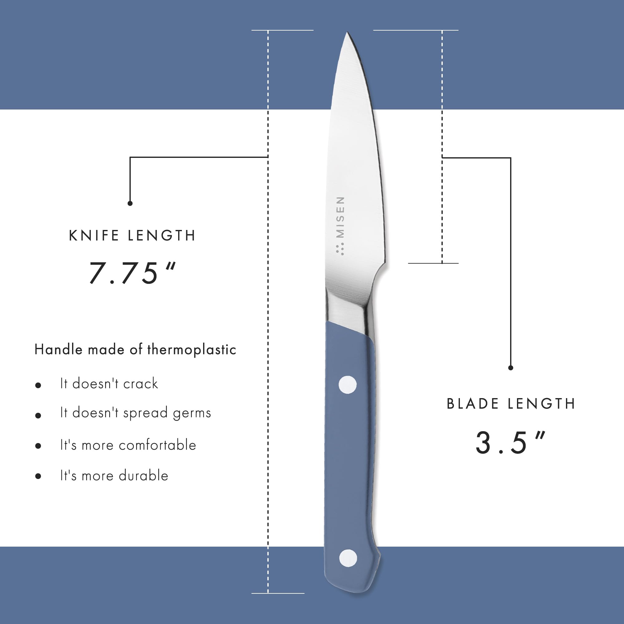 Misen paring knife handle and blade aid precise deveining and hollowing.