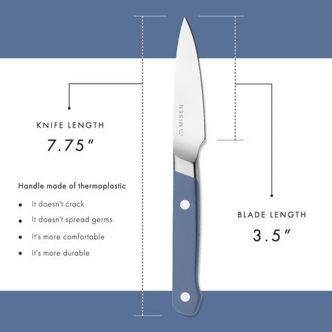 Misen paring knife handle and blade aid precise deveining and hollowing.