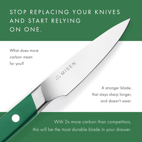 Misen paring knife ergonomic handle close-up highlighting comfortable fingertip control.