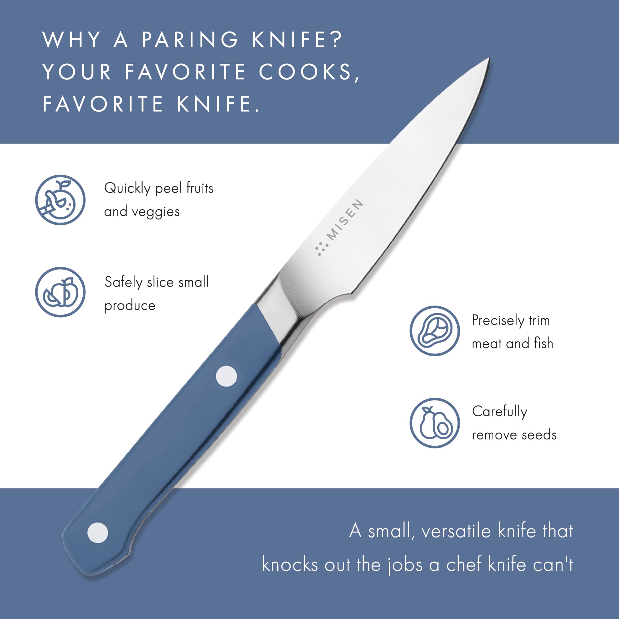 Misen paring knife garnish prep for fine-detail work and citrus segments.