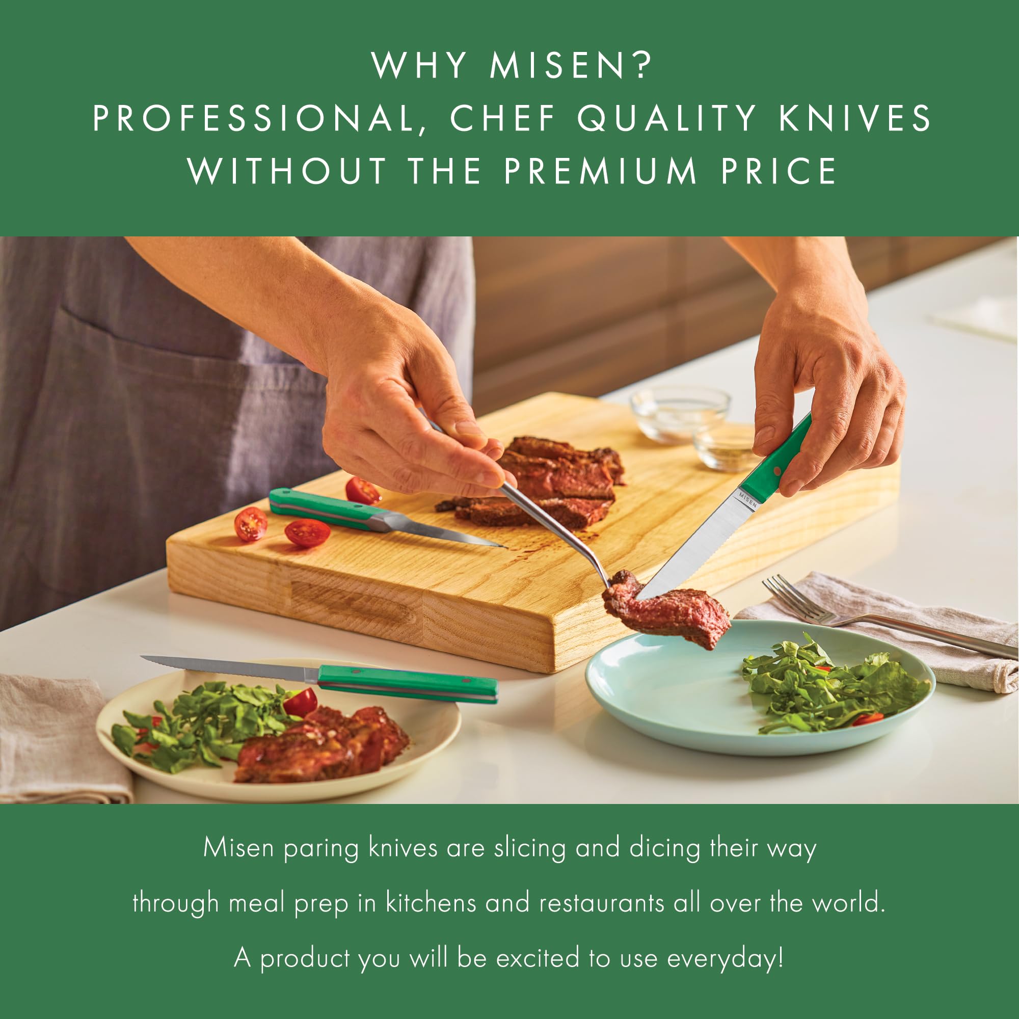 Misen paring knife with green handle in kitchen ready for everyday tasks.