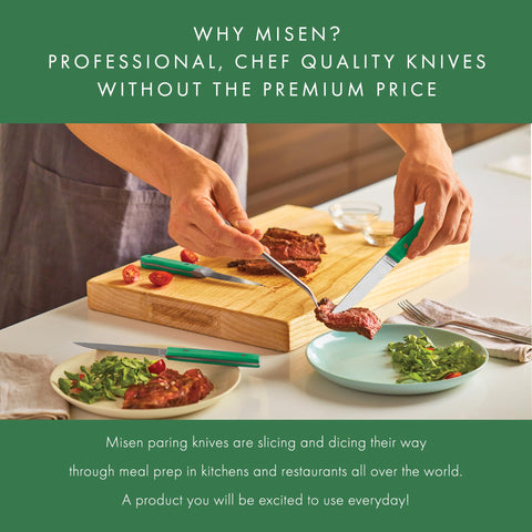 Misen paring knife with green handle in kitchen ready for everyday tasks.
