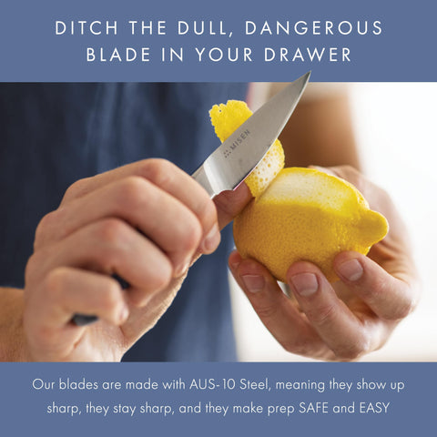 Misen paring knife laser-balanced design enables steady micro-movements for delicate work.