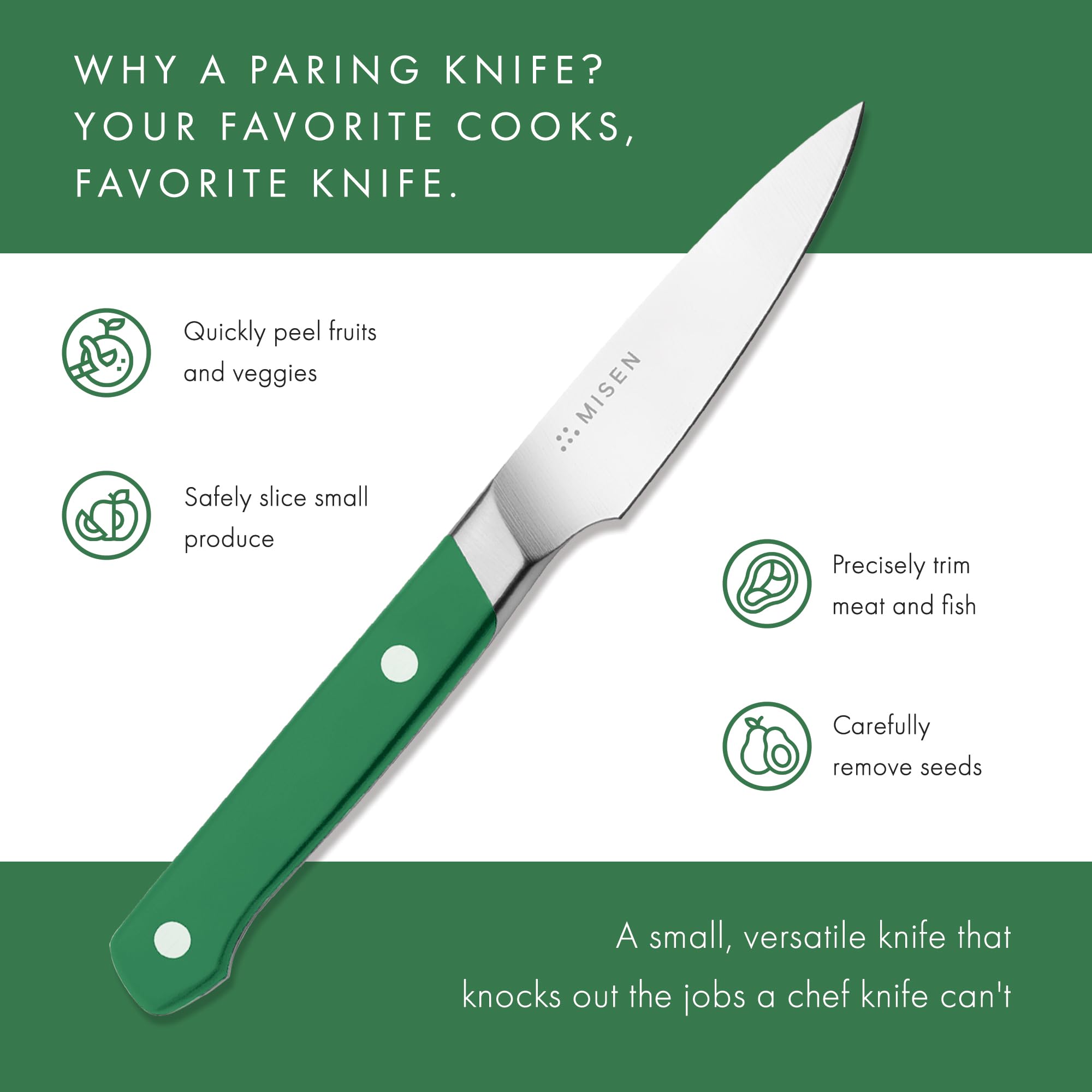 Misen paring knife laser-balanced feel for steady micro-movements during prep.