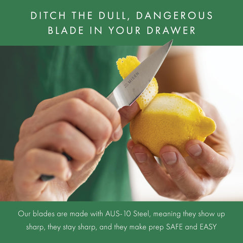 Misen paring knife performing small prep tasks like peeling and trimming.