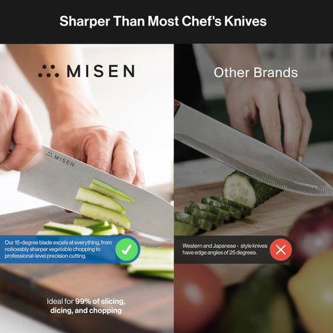 Misen Santoku knife tilted edge profile highlighting balance and control.