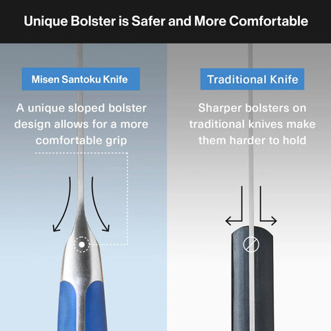 Misen Santoku knife pinch-grip design showcases secure, comfortable handling.