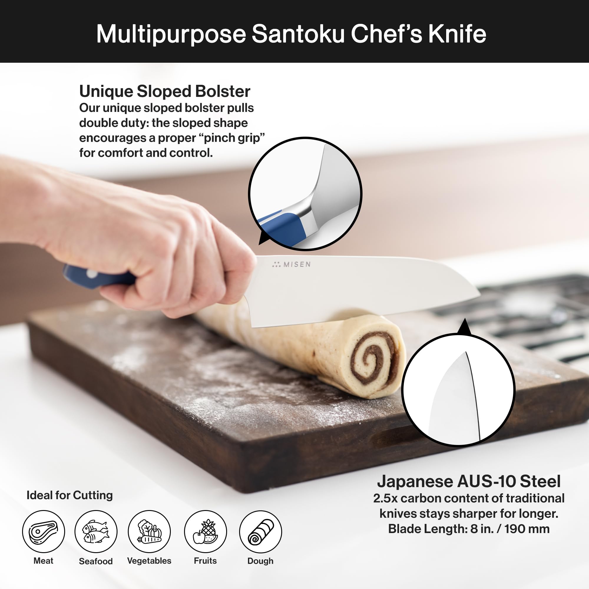 Misen Santoku knife razor-sharp edge ready for swift chopping and slicing.