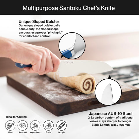 Misen Santoku knife razor-sharp edge ready for swift chopping and slicing.