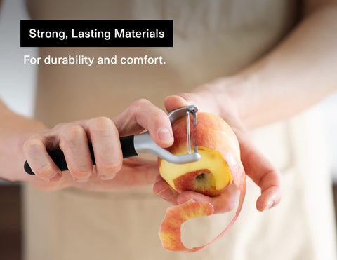 Misen stainless steel peeler close-up blade highlights durability.