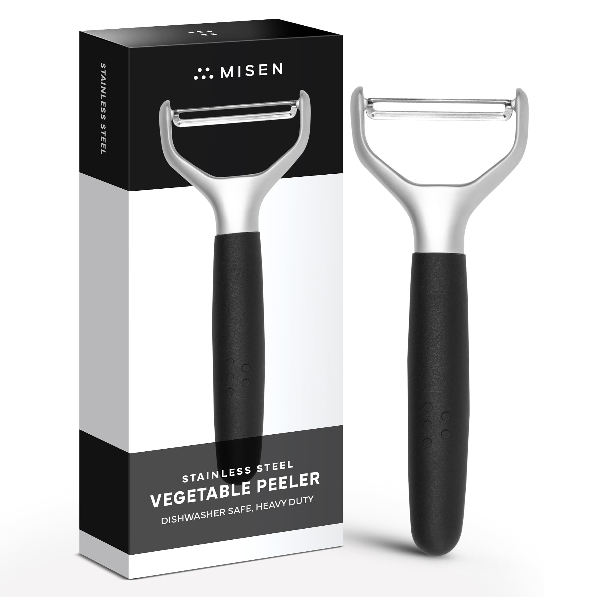 Misen stainless steel vegetable peeler with dishwasher safe design for easy cleanup.