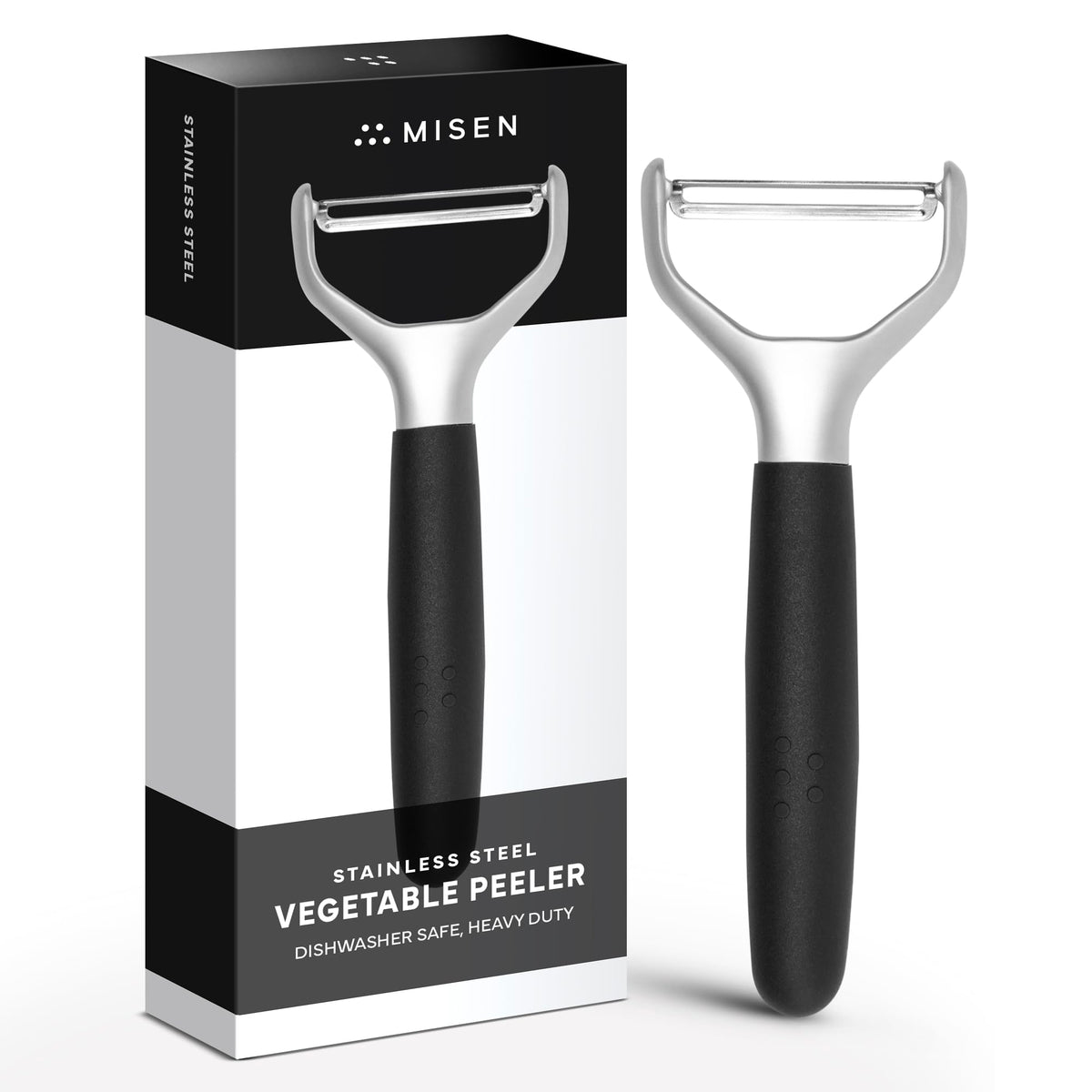 Misen stainless steel vegetable peeler with dishwasher safe design for easy cleanup.