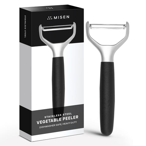 Misen stainless steel vegetable peeler with dishwasher safe design for easy cleanup.