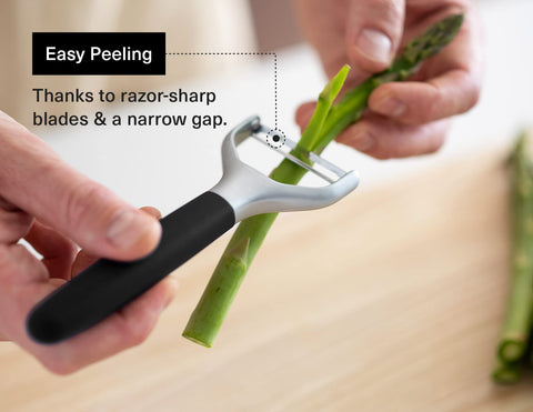 Misen vegetable peeler with ergonomic grip for comfortable peeling sessions.