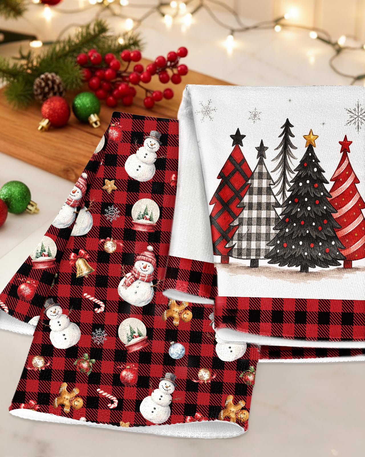 Miss Adola buffalo plaid Christmas tree towel highlighting durable design for holiday hosting