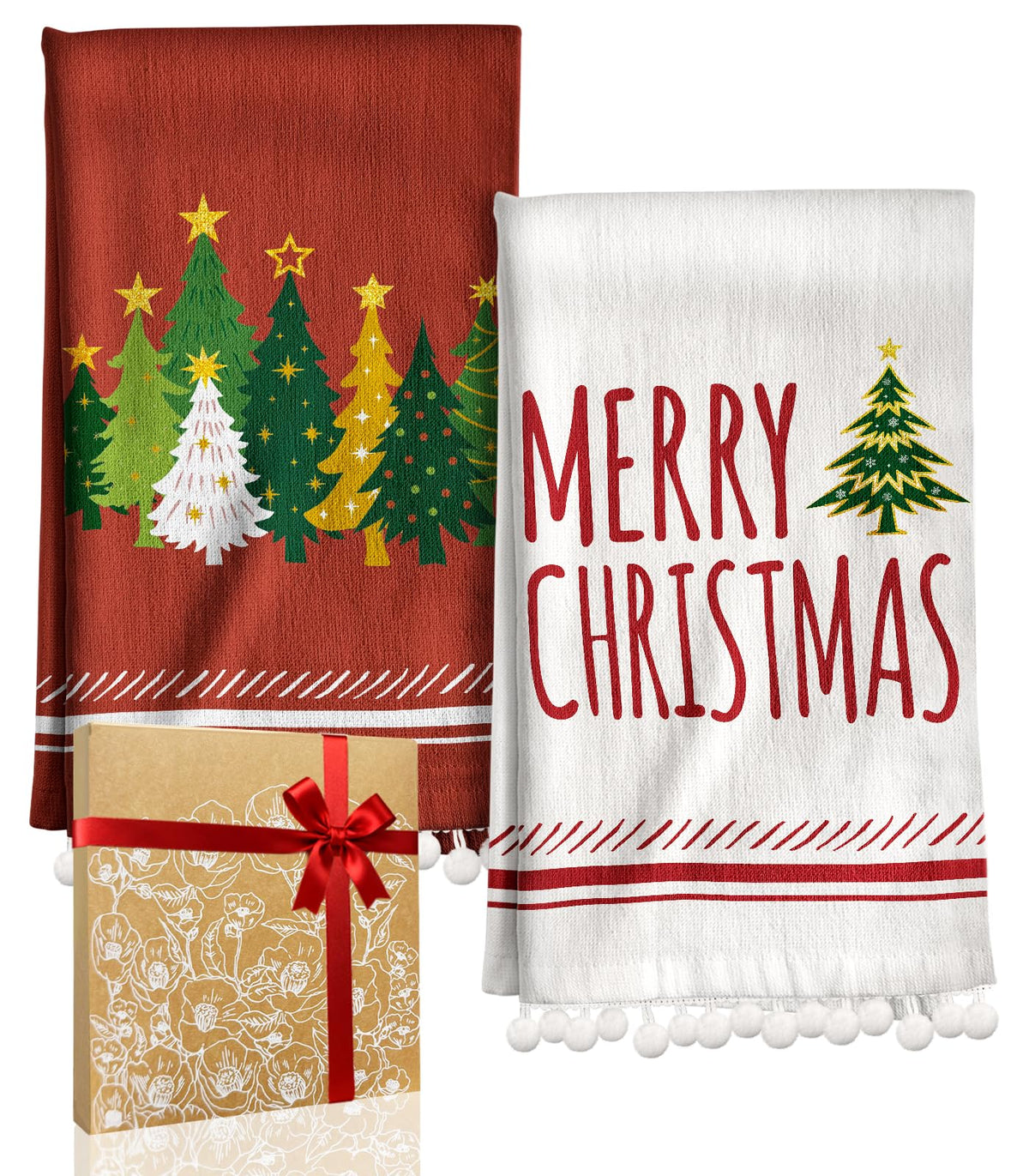 Miss Adola Christmas towel with tree tassels adds seasonal charm to the kitchen.