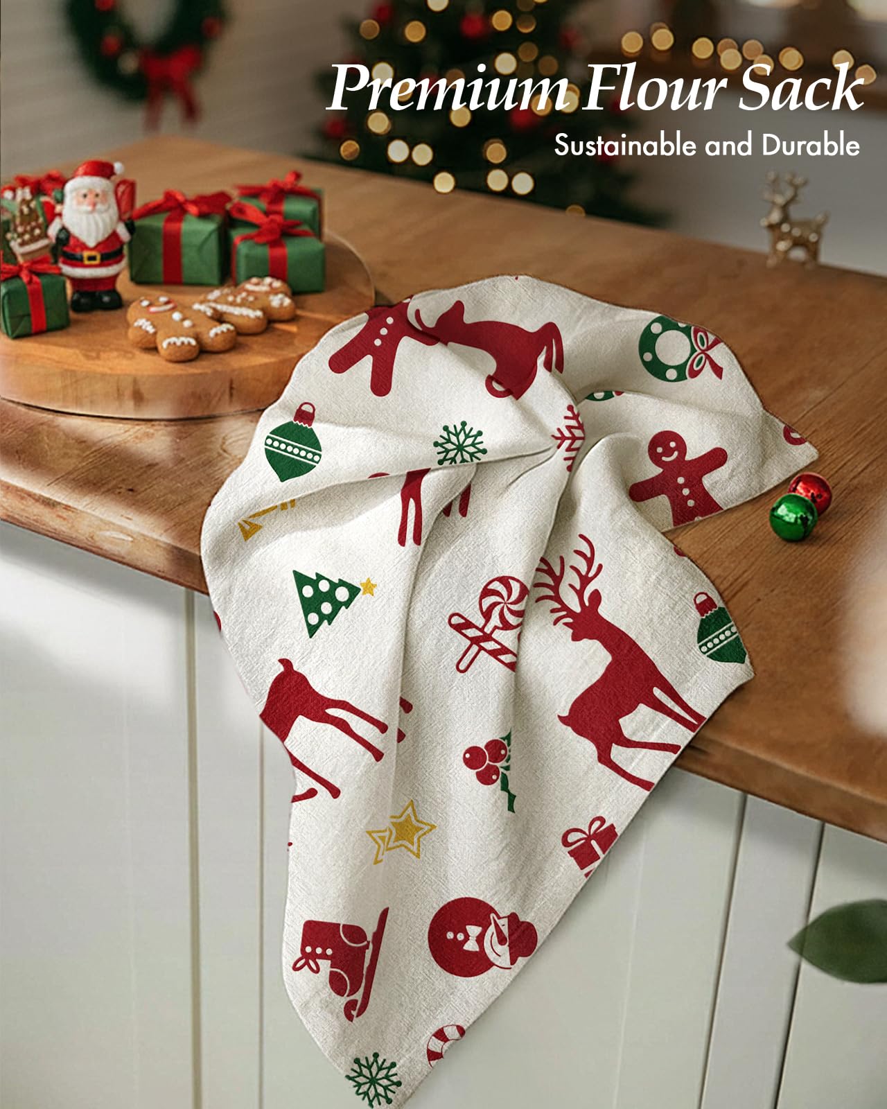 Miss Adola flour sack towel with holiday design brightens kitchen and drying routines