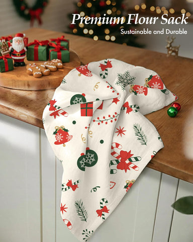 Miss Adola flour sack towel on cream background offers subtle holiday charm and absorbency.