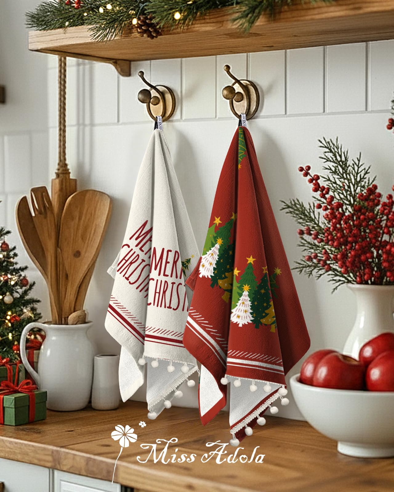 Miss Adola holiday designs towel ideal for drying dishes and quick tasks.