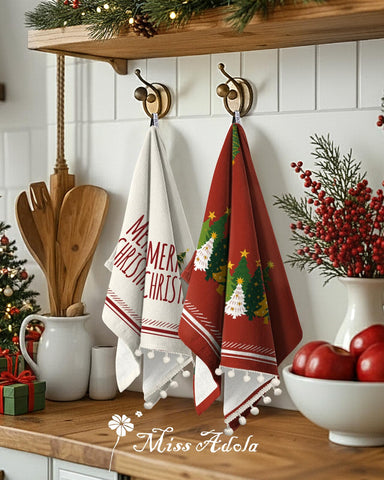 Miss Adola holiday designs towel ideal for drying dishes and quick tasks.