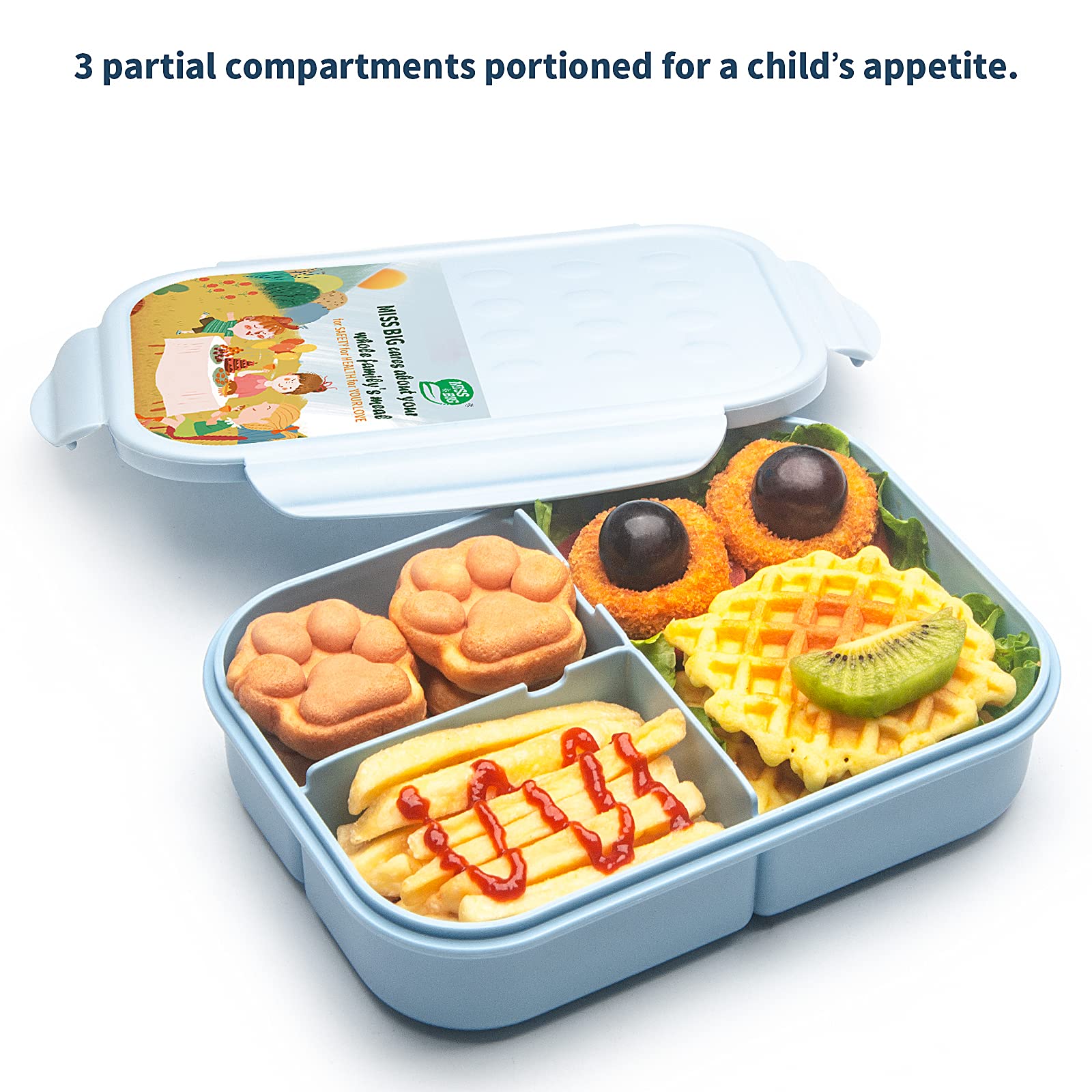 MISS BIG Bento Box shows four kid-friendly latches for easy opening