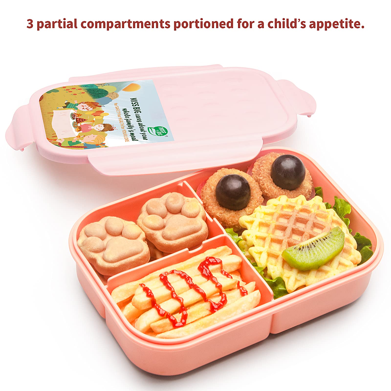 MISS BIG bento box kids with four compartments keeps meals balanced and organized.