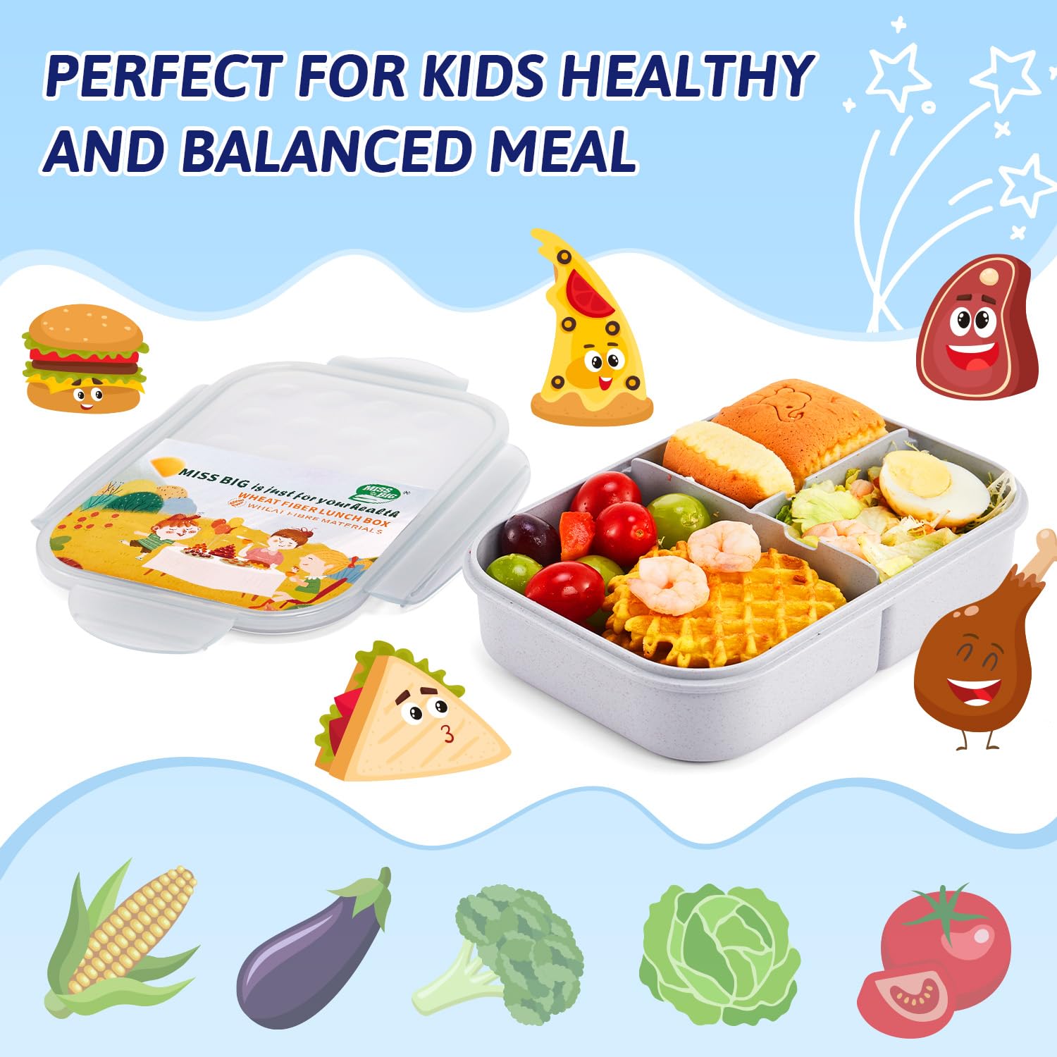 MISS BIG Bento Box for Kids three-compartment design keeps meals organized and portions balanced.